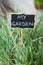 Written on a black chalkboard - My Garden. Selective focus with shallow depth of field. Perennial decorative cereal for growing in