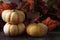 Wrm side light on an Autumn Farm Stand with three white pumpkins blank price sign and Autumn Leaves