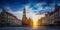 Wroclaw central market square with old houses and sunset. Panoramic evening view, long exposure, timelapse.  Historical capital of