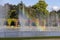 Wroclaw Pergola with colorful leaves of virginia creeper,  Multimedia Fountain and rainbow with water drops, Wroclaw, Szczytnicki