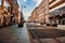 Wroclaw, Poland, September 10, 2017: City street shops tram sunny day