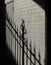 Wrought iron fence casts its stark shadow reflected on the adjacent white brick wall