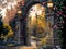 Wrought iron gate, autumn romantic evening scene, entrance in the garden, arch with roses flowers