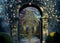 Wrought iron gate to the flowers garden, entrance in moonlight, night landscape, roses flowers
