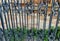 wrought iron railing against an ancient brick wall with grass grown at its feets