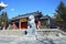 Wudalianchi, China. Sculpture of the mythological lion in front of the entrance to the temple Zhongling on the top of extinct Ya