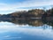 The Wuppertalsperre reservoir with a dam on the Wupper River. In the center of the frame, a small island in the middle of the lake