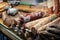 Wurst, sausage and meat in shopping display at butcher -