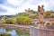 Wurzburg. Main river waterfront and scenic Wurzburg castle and vineyards reflection view