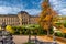 The Wurzburg Residence building and formal garden with flowers in Wurzburg, Germany