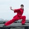 Wushoo man in red practice martial art