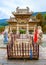 Wutaishan(Mount Wutai) scene-Carved stone torii, lion and bridge in front of the Longquan temple door.