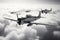 WWII airplane in flight. war, battle, clouds, vintage, retro, black and white. Iwo Jima, Midway Atoll. Luftwaffe