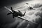 WWII airplane in flight. war, battle, clouds, vintage, retro, black and white. Kamikaze, Aerial Operations, Air Raid