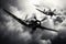 WWII airplane in flight. war, battle, clouds, vintage, retro, black and white. Manhattan Project Sites