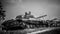 A WWII tank in black and white on the Stalin Line in Belarus