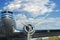 WWII Warbird headon with engine and wing in blue sky with clouds
