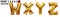 WXYZ gold foil letter balloons on white background. Golden alphabet balloon logotype, icon. Metallic Gold WXYZ Balloons. Text for