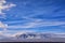 Wyoming countryside panoramic views during a blizzard with mountain with snow covered with overcast grey cloudy sky