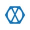 X logo with a blue octagon frame shape