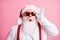 X-mas christmas incredible magic discounts. Astonished santa claus impressed touch white gloves sunglass eyewear