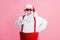 X-mas christmas medical clinic sales. White grey beard hair santa claus show healthy teeth loupe magnifier enjoy doctor