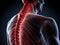 X-ray of male rib cage with highlighted pain areas in spine and neck. 3D Illustration of sacral and cervical pain trauma