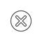 X, remove circular line icon. Round simple sign.