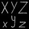 X, y, z handwritten white chalk letters isolated on black background