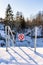 "No entry", "Do not enter" Sign in a Park in Metal Chains on a Sunny Winter Day