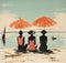 & x22;Serene Beachside Tranquility: Elegant Ladies Under Orange Parasols& x22;