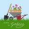 It's time for gardening. Template for banner, poster, flyer, card. Wheelbarrow, water can, spade and pots with flowers