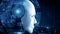 XAI Robot hominoid face close up with graphic concept of AI thinking brain