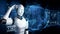 XAI Thinking AI hominoid robot analyzing hologram screen shows concept of network