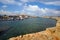 Xania, Crete, October 01 2018 Panoramic view of the city with tourists of various nationalities visiting the walls of the Venetian