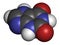 Xanthine purine base molecule. 3D rendering. Atoms are represented as spheres with conventional color coding: hydrogen white,.
