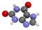 Xanthine purine base molecule. 3D rendering. Atoms are represented as spheres with conventional color coding: hydrogen white,.