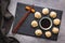 Xiaolongbao, traditional steamed dumplings and soy sauce. Xiao Long Bao buns on cutting board. Top view