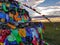 Xilinhot - Heap of stones (Aobao) build on a vast pasture in Xilinhot in Inner Mongolia. The heap has colorful prayer flags