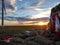 Xilinhot - Heaps of stones (Aobao) build on a vast pasture in Xilinhot in Inner Mongolia. The Heaps has colorful prayer flags