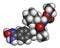 Ximelagatran anticoagulant drug molecule (direct thrombin inhibitor). 3D rendering. Atoms are represented as spheres with