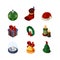 Xmas accessories. 3d happy new year celebration items bell cookie sweets tree candles candy gifts snow globe calendar