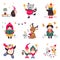 Xmas Animals Cartoon Characters Collection, Merry Christmas and Happy New Year Holidays Vector Illustration