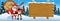 Xmas banner featuring Santa Claus hugging reindeer wooden sign snow