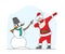 Xmas Celebration, Santa Claus and Snowman Dabbing Motion. Funny Man in Red Costume Dab Disco Modern Dancing Party