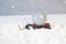 Xmas concept with wooden sled and santa sack with ball