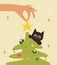 Xmas greeting card decorated with hand hangs a Christmas toy star on a tree and cat in flat style