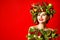 Xmas Happy Smiling Woman Makeup Portrait, Christmas Tree Wreath Hairstyle.  Face Model Make up with Red Lips, New Year Beauty Girl