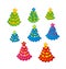 Xmas holiday childish cute Christmas tree. Kid style little decorated trees on snow white background.