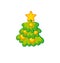 Xmas holiday childish cute Christmas tree. Kid style little decorated trees on snow white background. Ornamented festive tree in